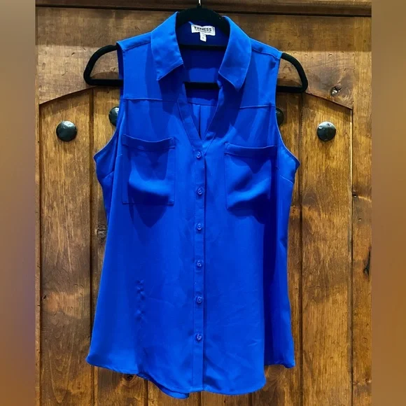 Express Royal Blue Sleeveless Portofino Shirt, Size M - Picture 2 of 5